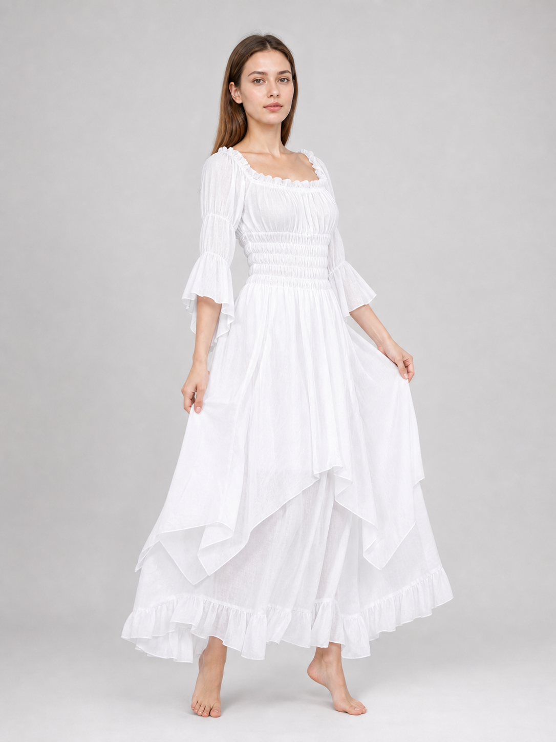 Long Dress with Lace Sleeves and Ruffles
