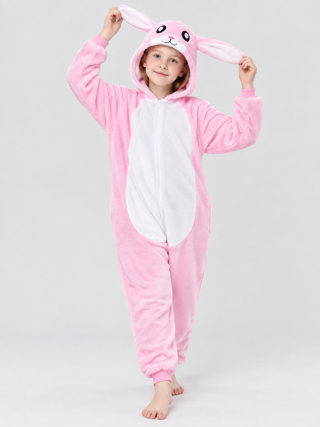 Pajama Jumpsuit with Hood and Bunny Ears, Pink