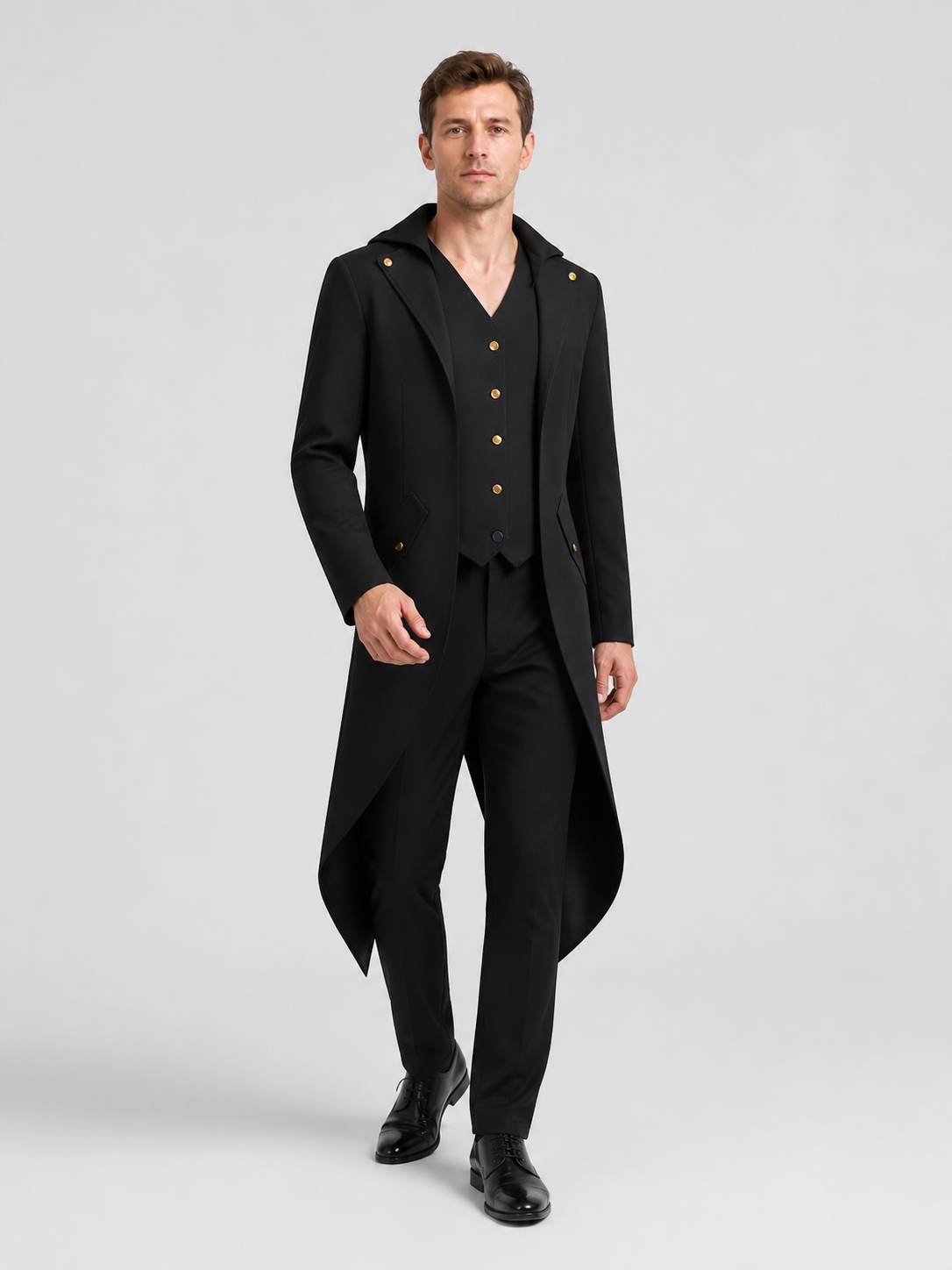 Black Tailcoat with Gold-Tone Buttons for Cosplay Costumes detail 2