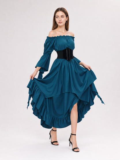 Off-the-Shoulder Dress with Ruffles and Corset Panel
