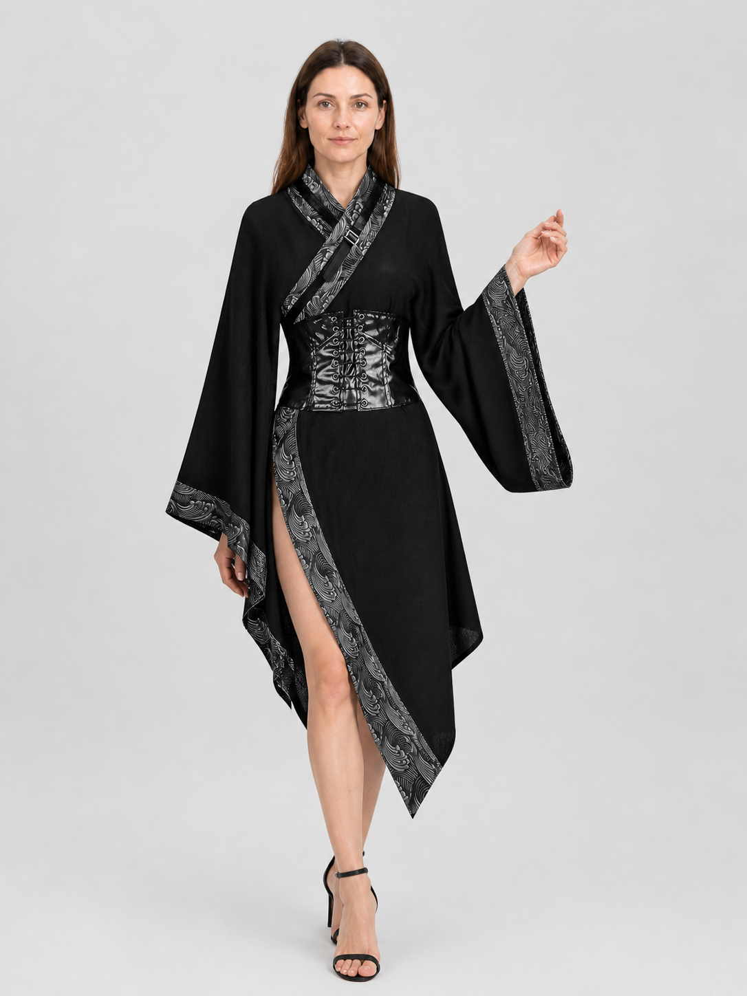 Belted Cape Coat with an Asymmetrical Hem and Wide Sleeves Costume Capes detail 2
