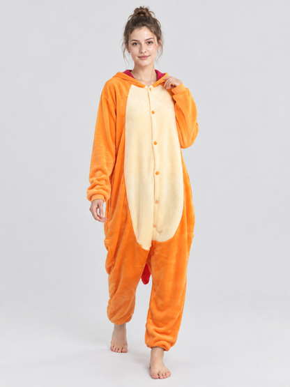 Orange Hooded Pajama Jumpsuit with Light-Colored Panel
