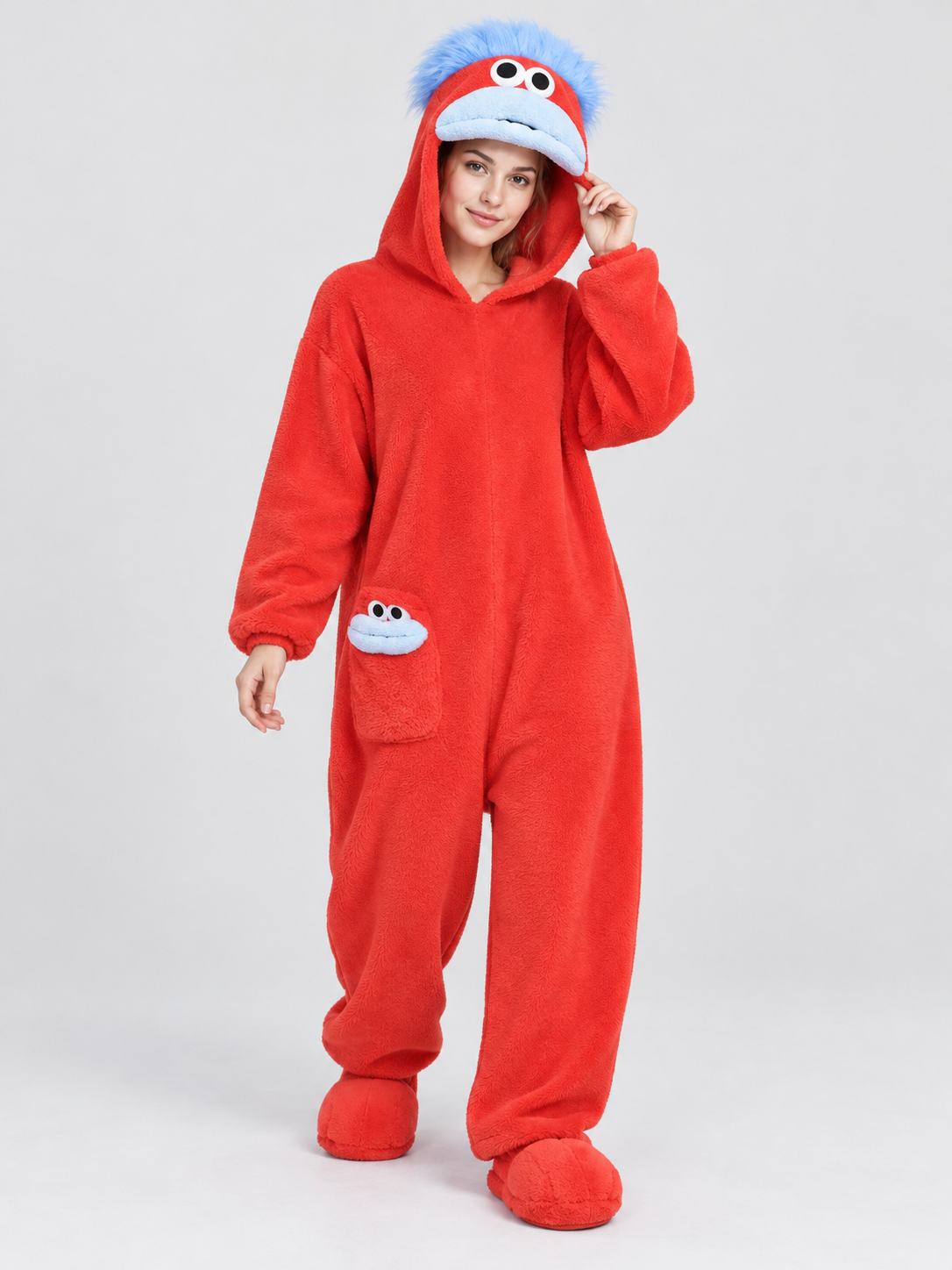 Red Hooded Pajama Jumpsuit with Cartoon Design