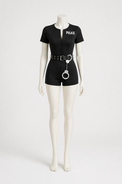 Black police costume with "police" lettering and belt Costumes detail 2