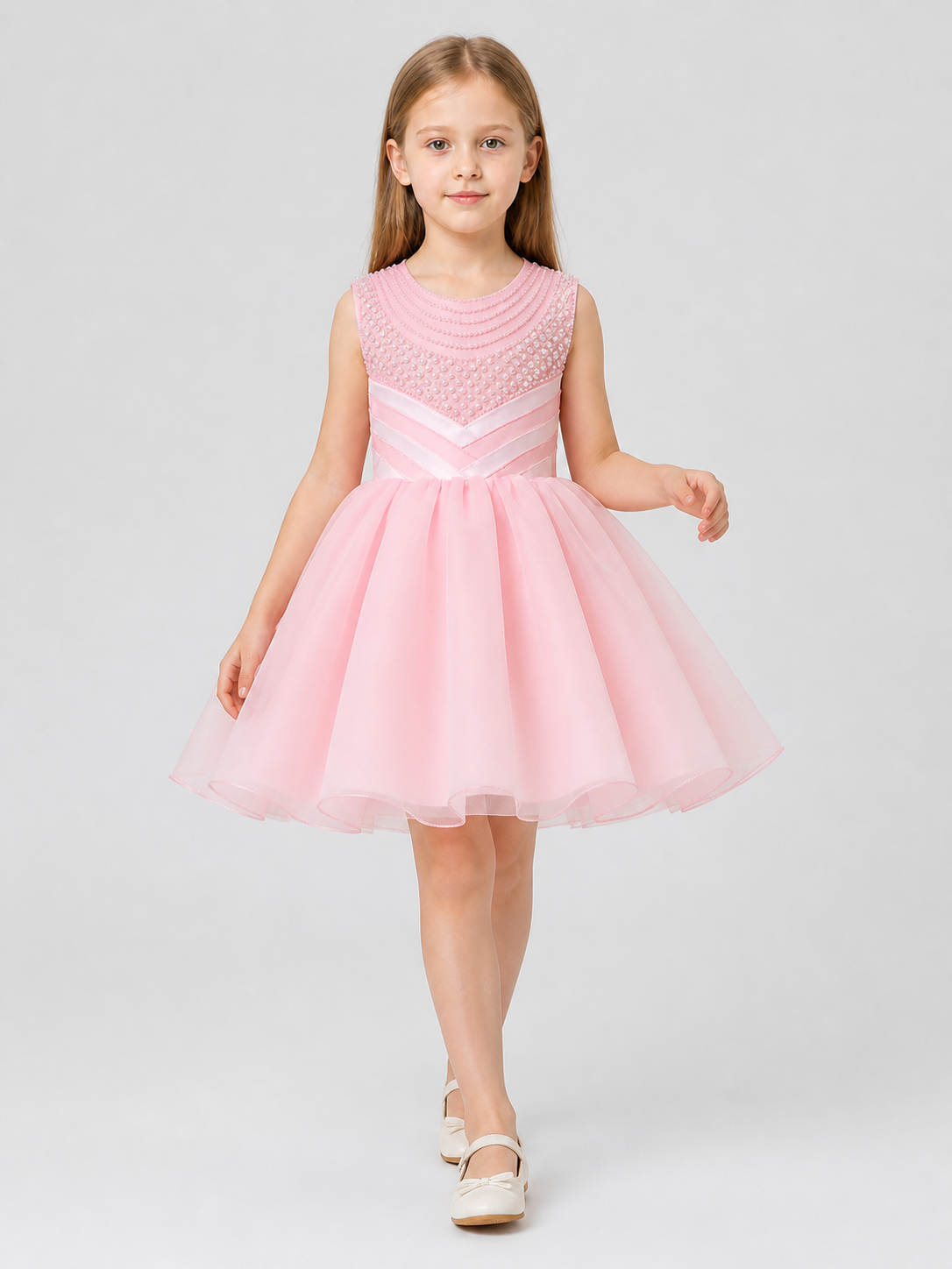 Festive Girls' Full Dress with Pearl Embellishment Costume Dresses detail 2