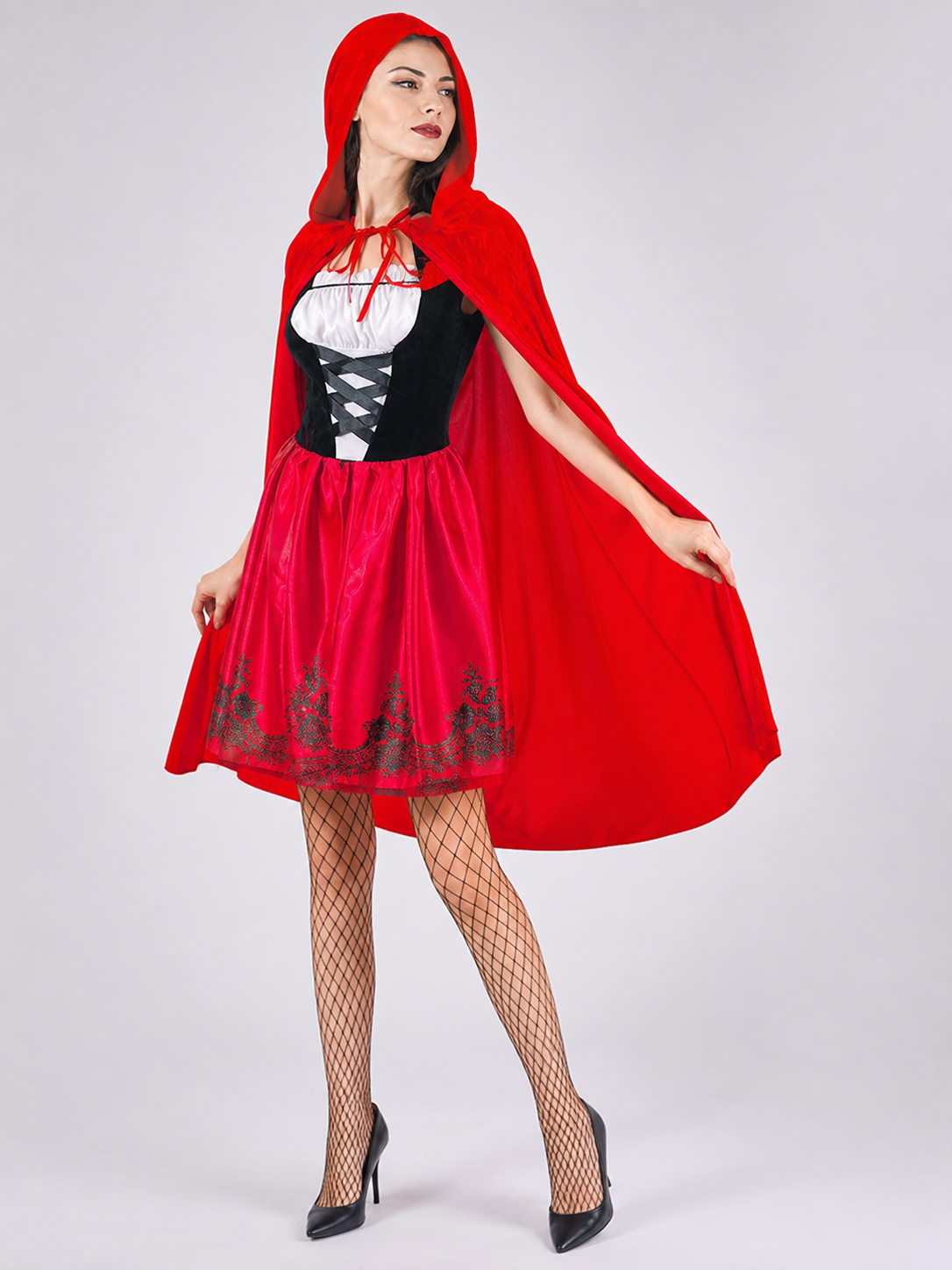 Red Hooded Cape and Retro-Style Dress