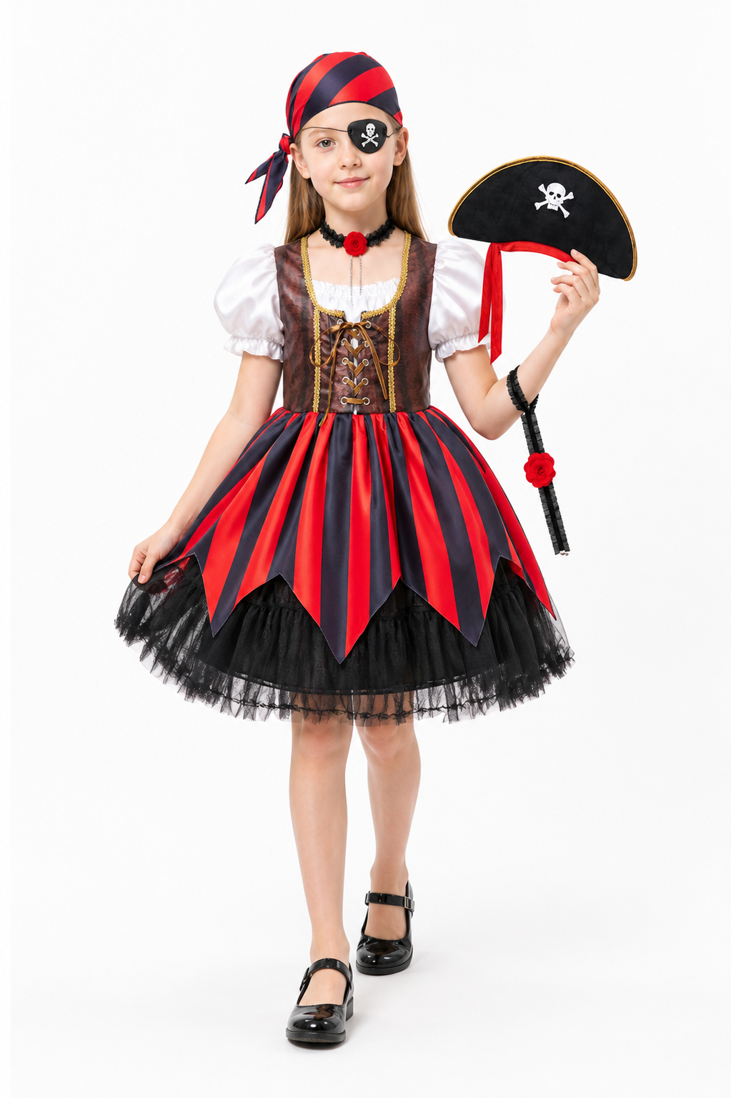 Children’s pirate costume with a full skirt and hat for Halloween product detail 2