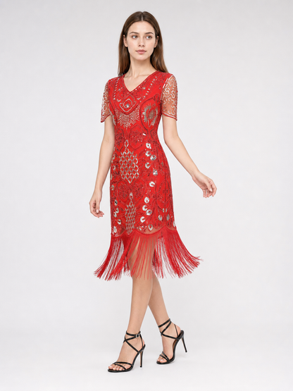 Retro-Style Cocktail Dress with Sequins and Fringe