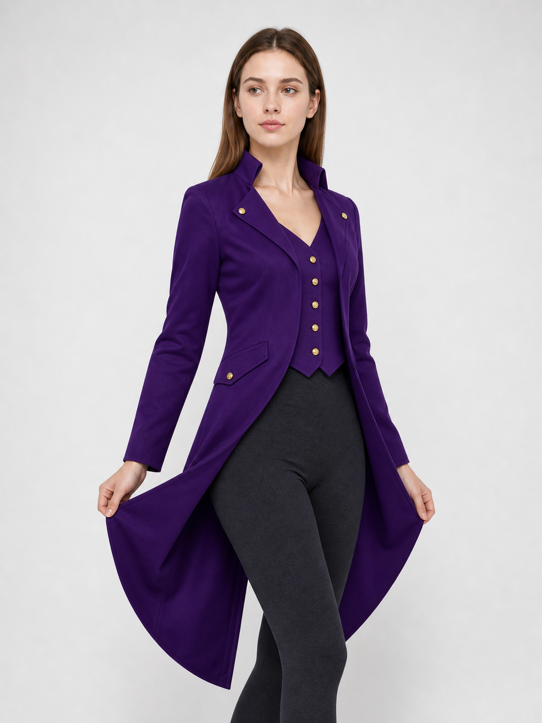 The model is designed as a long tailcoat-style coat with a vintage aesthetic and