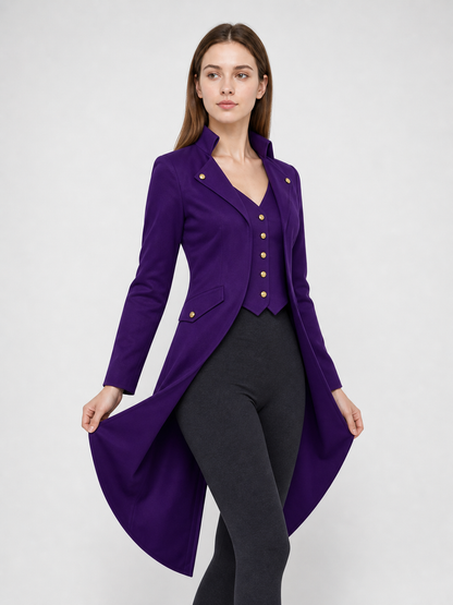 The model is designed as a long tailcoat-style coat with a vintage aesthetic and