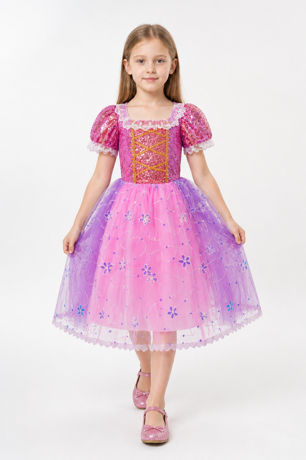 Girls’ Dress with Sequins, a Full Skirt, and Flowers product detail 2