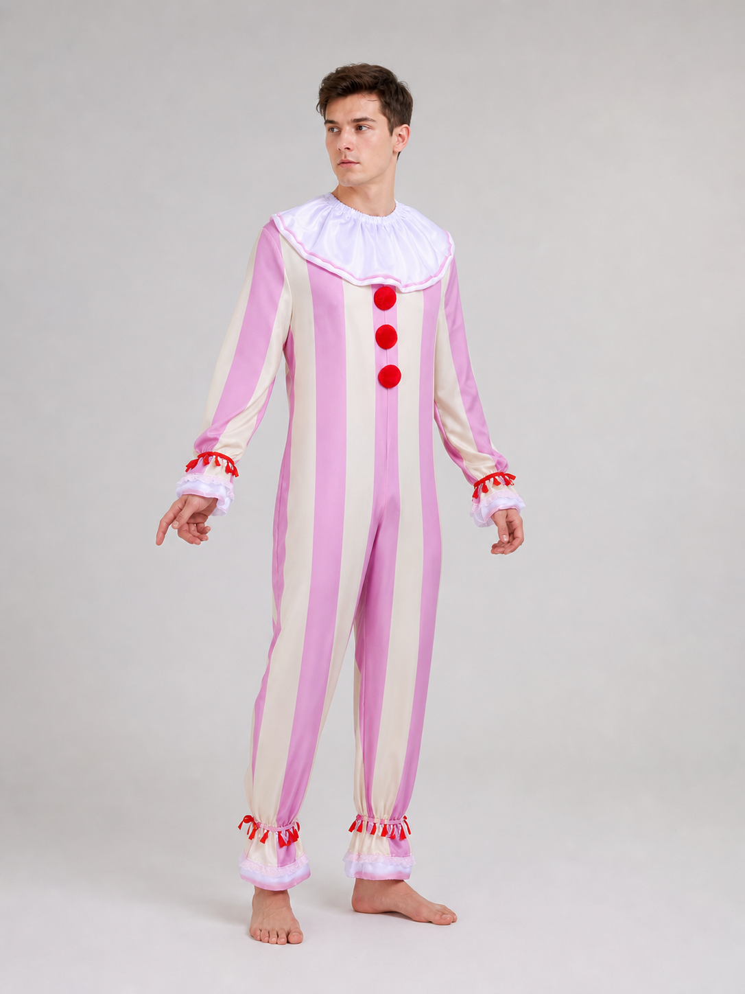 Pink-and-white striped clown costume for cosplay