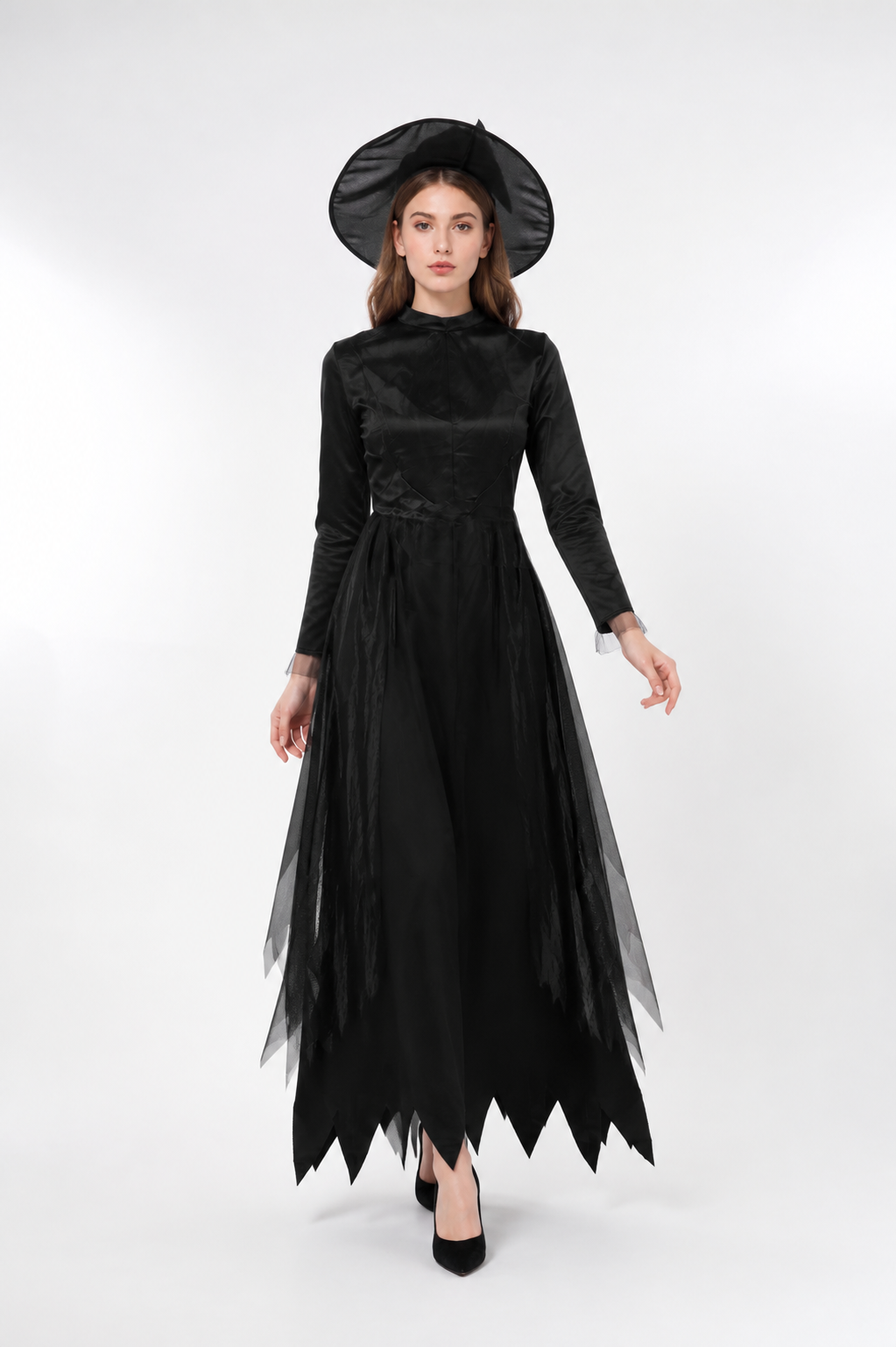 Long Black Dress with a High Collar and Sleeves