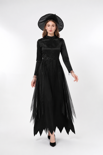 Long Black Dress with a High Collar and Sleeves