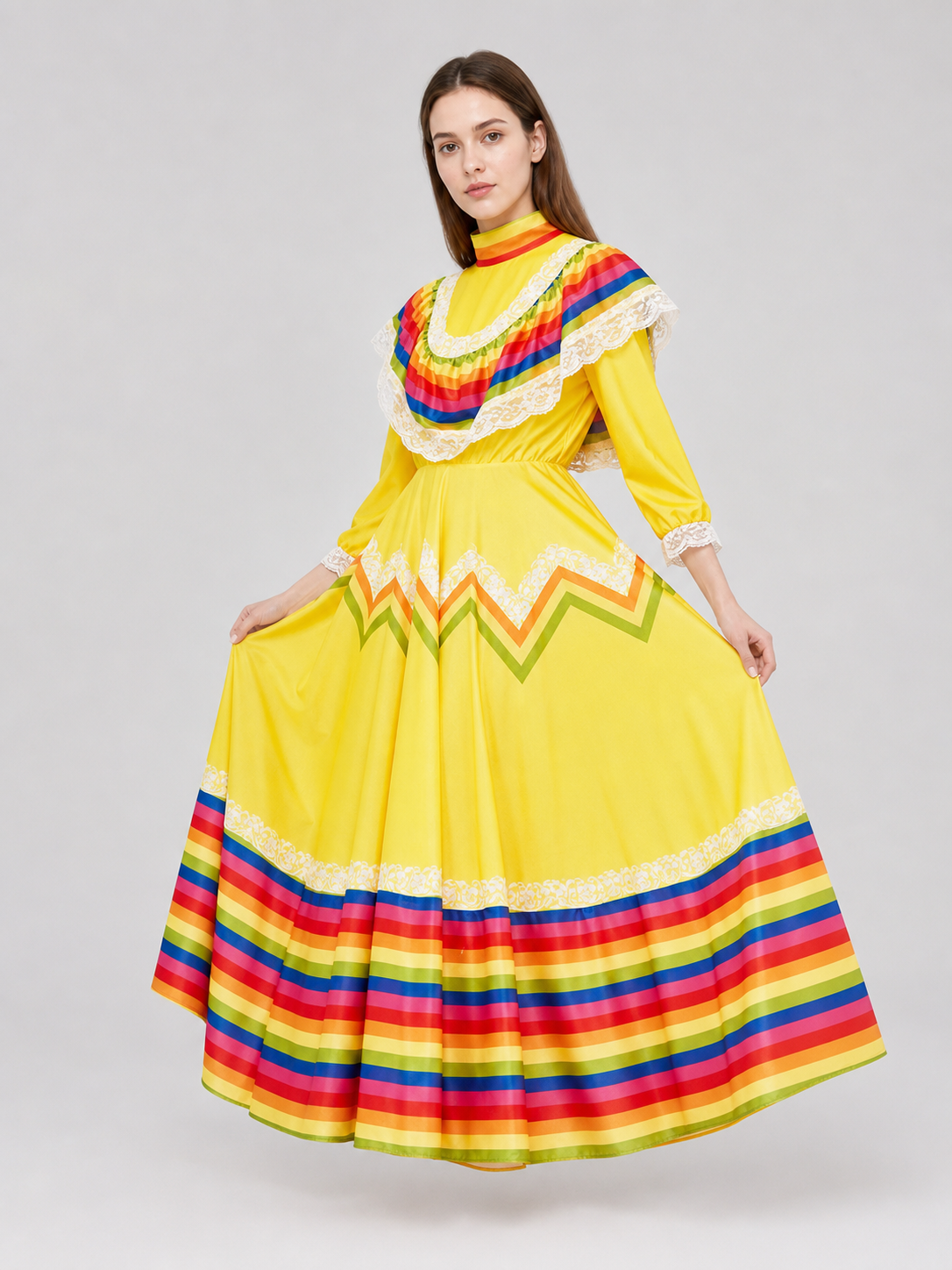 Costume dress with ruffles and rainbow trim