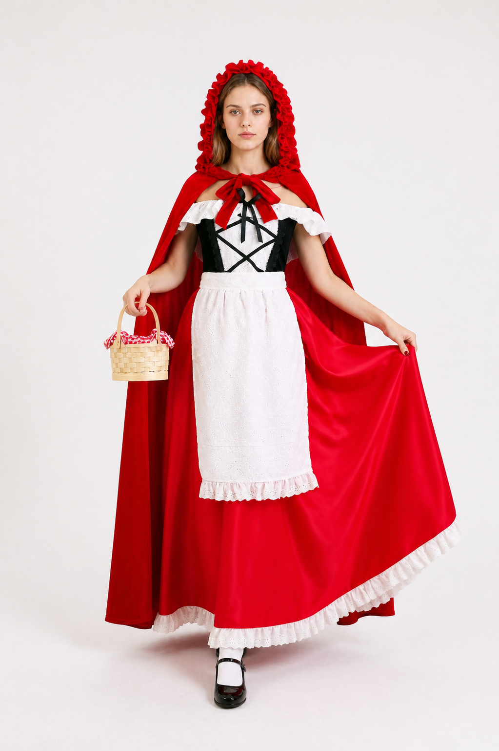 Red Dress with Hooded Cape and Lace Costume Dresses detail 2