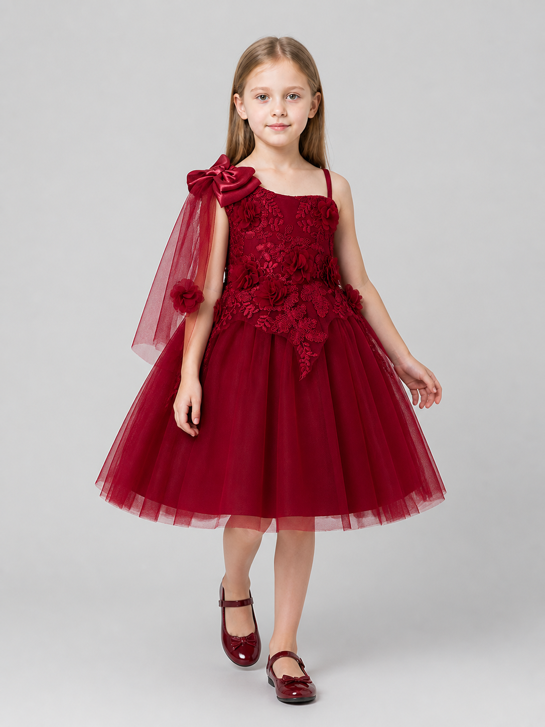 Full-Skirt Dress with Lace Bodice and Roses, Burgundy Costume Dresses detail 2