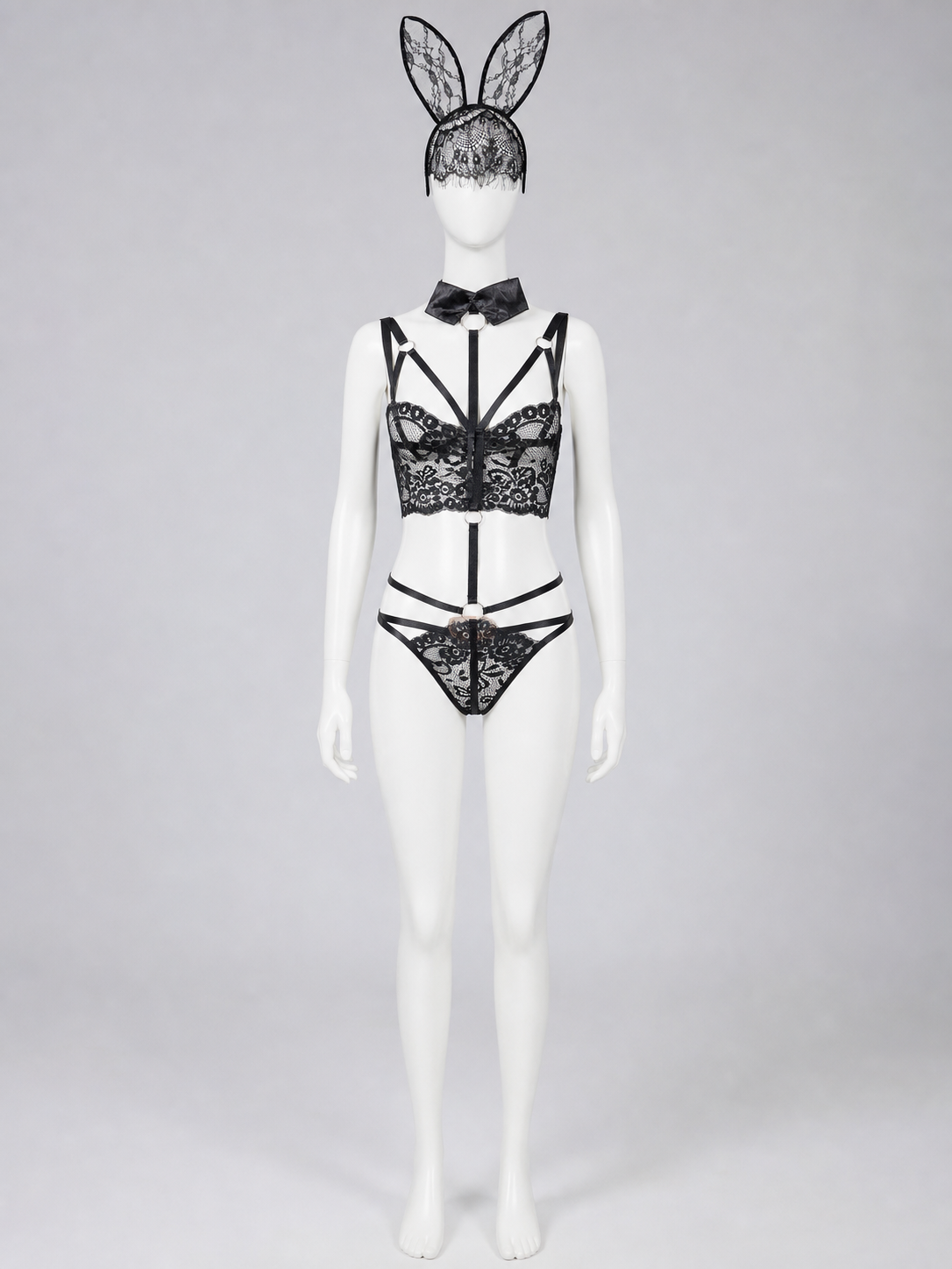 Lace Bunny Costume with Ears and Decorative Straps