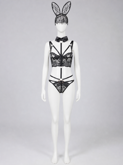 Lace Bunny Costume with Ears and Decorative Straps