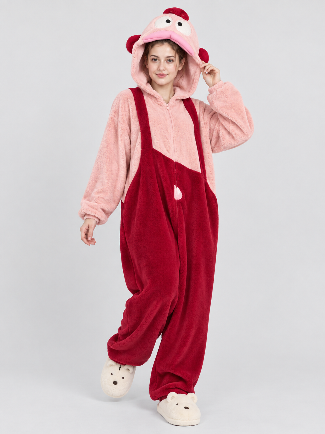 Pink and Burgundy Fleece Hooded Pajama Jumpsuit