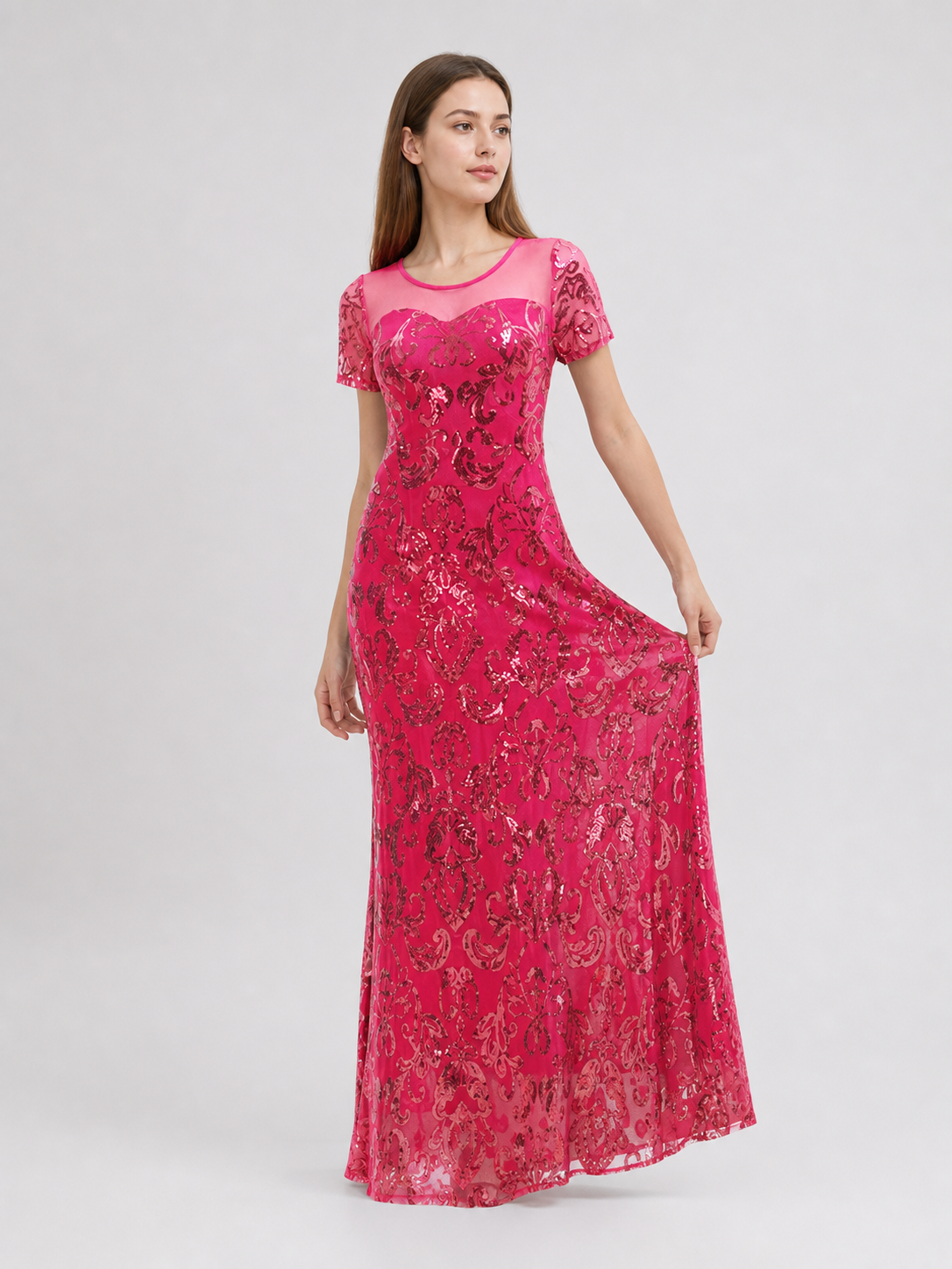 Long Sequin Evening Dress with Paisley Pattern