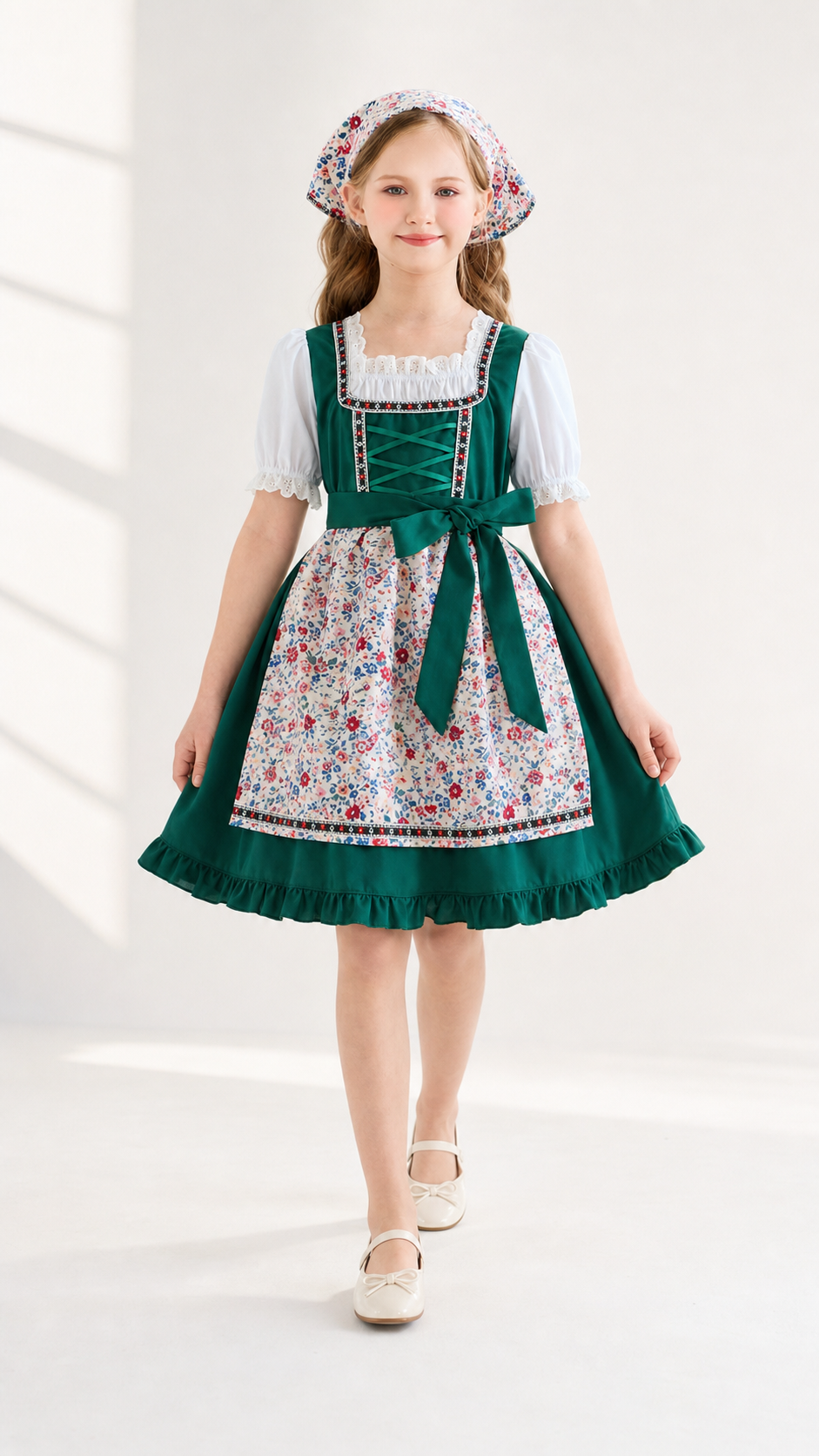 Green Girls’ Dirndl-Style Dress with Apron and Headscarf