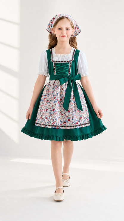 Green Girls’ Dirndl-Style Dress with Apron and Headscarf