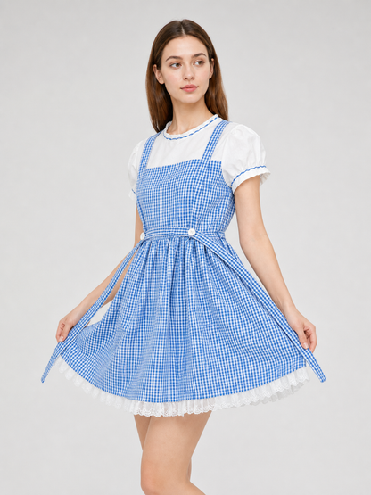 Blue and White Plaid Dress Set with Accessories