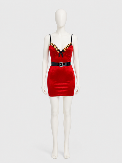 Red New Year's Dress with Leopard Print and Bow Costume Dresses detail