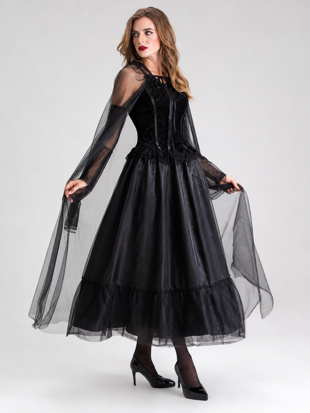 Gothic Black Dress with Cape and Lacing