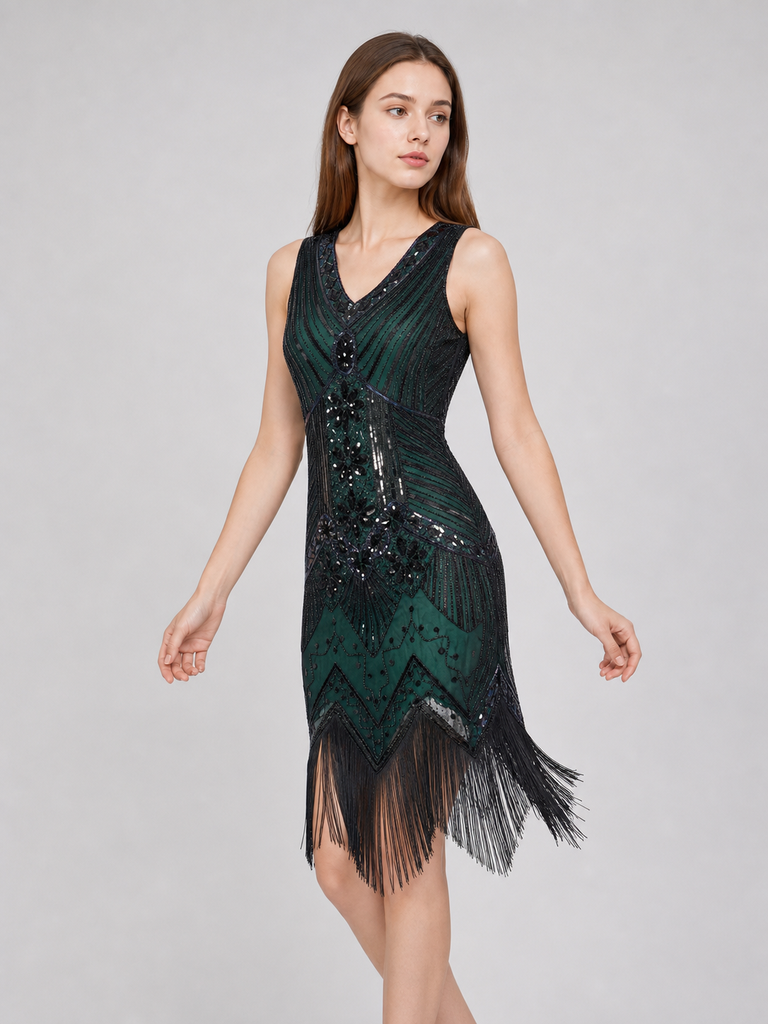 This flapper dress is designed in the Art Deco aesthetic and captures the