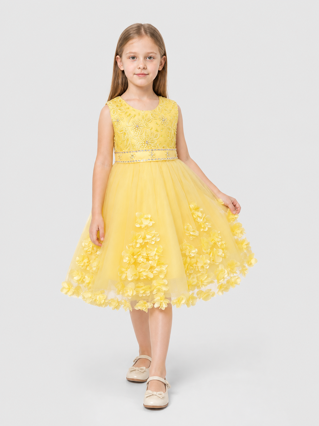 Yellow Girls' Tutu Dress with Flowers and Beads Costume Dresses detail 2