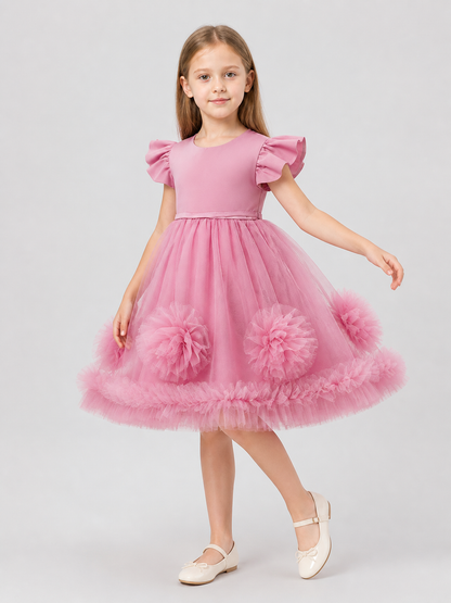 Pink Children's Princess Dress with 3D Flowers Costume Dresses detail 2