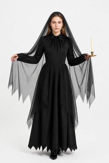Long Black Halloween Dress with Veil Costume Dresses detail 2