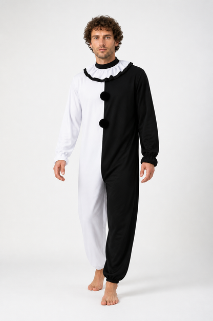 Black-and-White Clown Jumpsuit with Ruffled Collar for Halloween Costumes detail 2