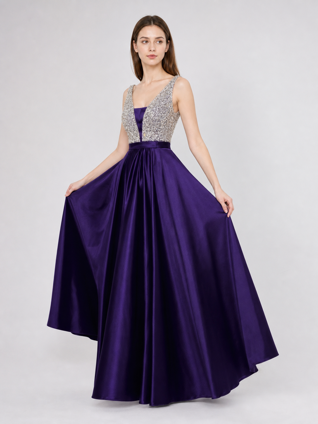 Floor-Length Evening Dress with a V-Neckline