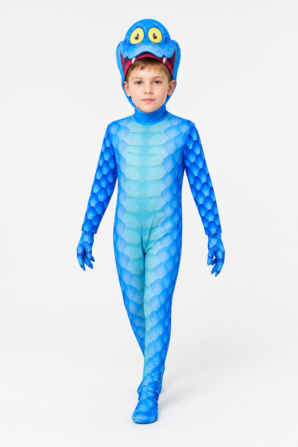 Blue Monster Jumpsuit with Scales, Headpiece, and Gloves Costume Headwear detail 2