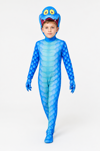 Blue Monster Jumpsuit with Scales, Headpiece, and Gloves Costume Headwear detail 2
