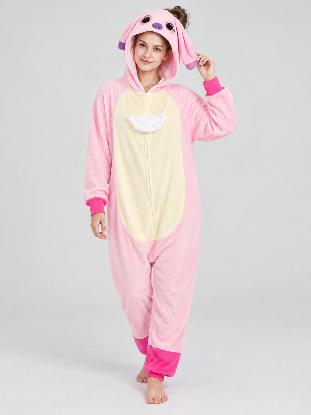 Pink Plush Flannel Hooded Jumpsuit Pajama