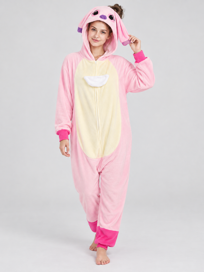 Pink Plush Flannel Hooded Jumpsuit Pajama