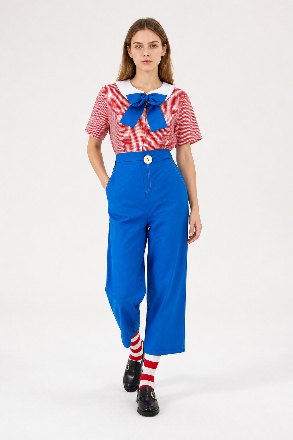 Red-and-white Checkered Clown Costume with Blue Pants Costumes detail