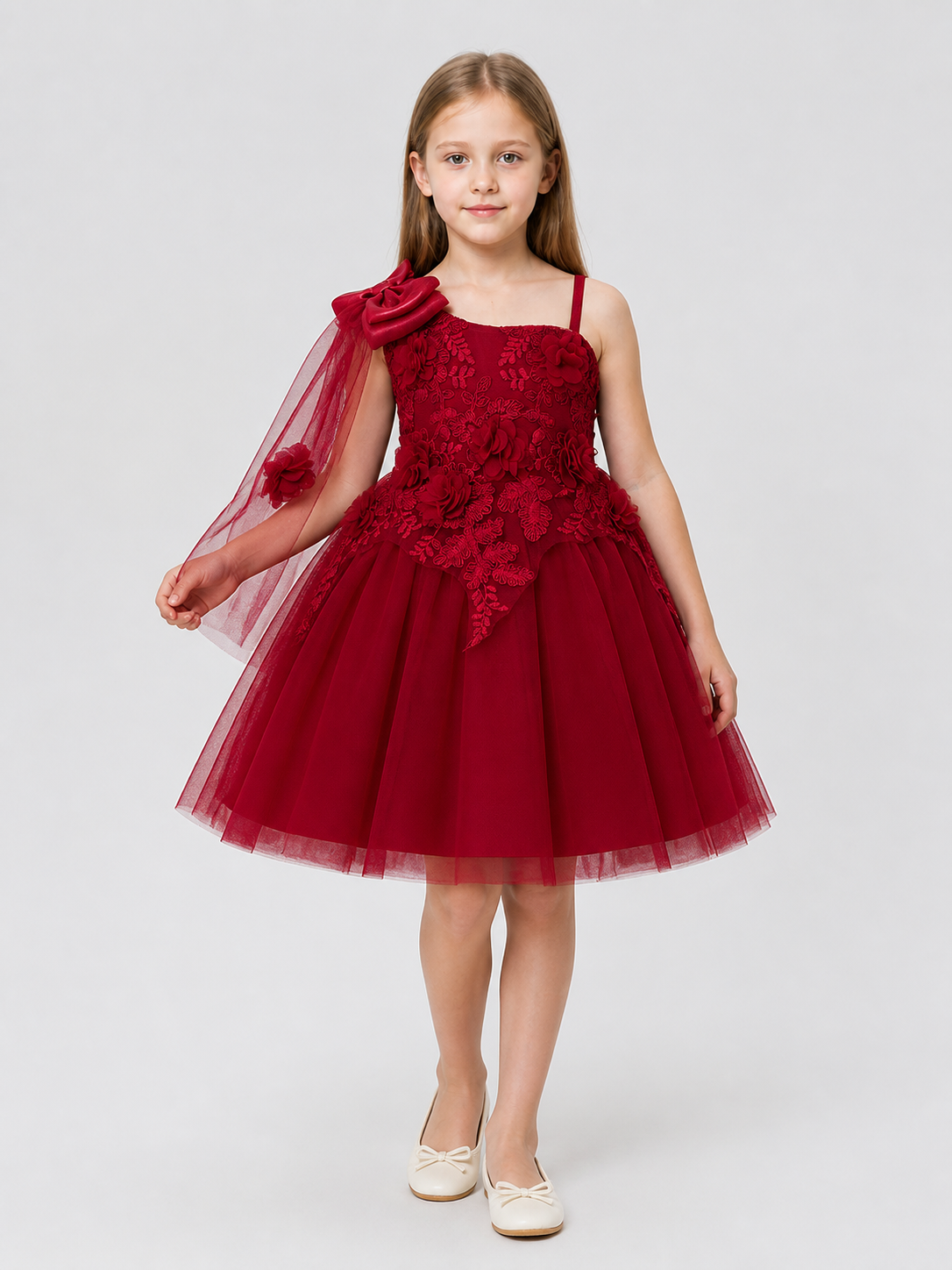 Burgundy Full Tutu Dress with Roses and Mesh Skirt Costume Dresses detail 2