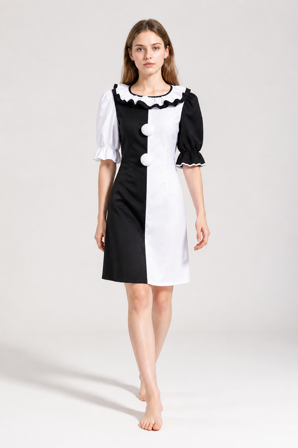 Short Black-and-White Clown Dress with Ruffles Costume Dresses detail 2