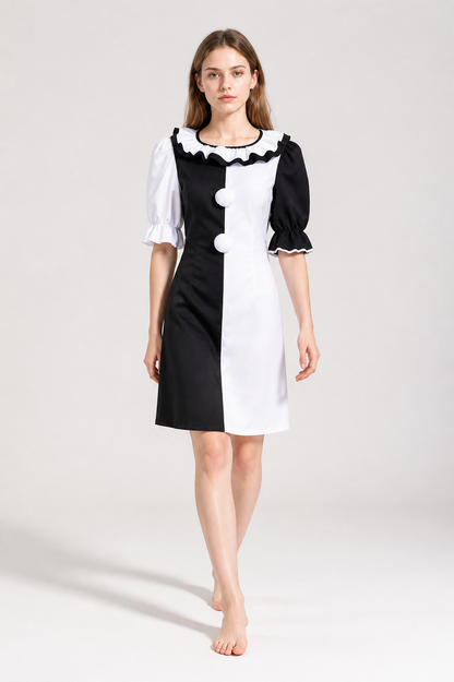 Short Black-and-White Clown Dress with Ruffles Costume Dresses detail 2