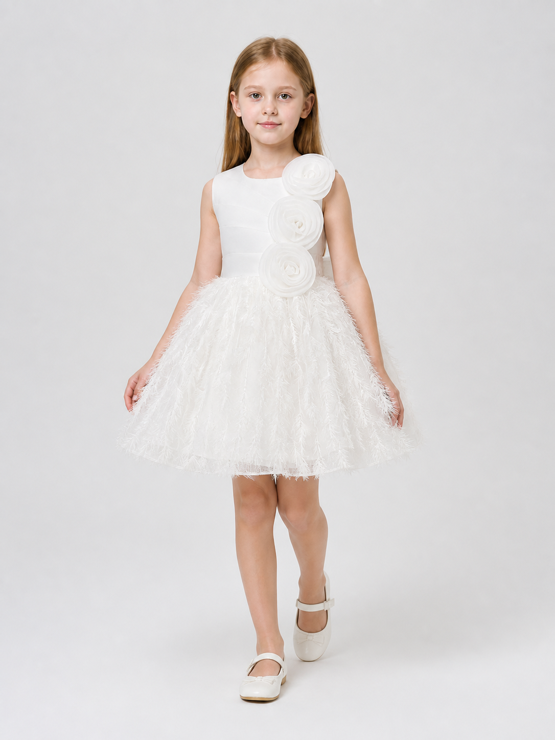 White Formal Dress with a Full Tulle Skirt and Roses