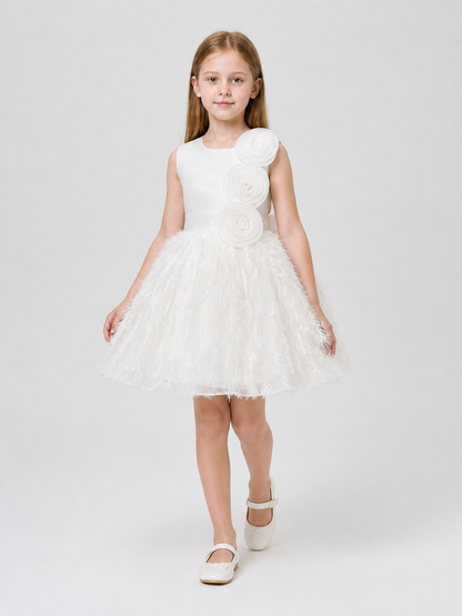 White Formal Dress with a Full Tulle Skirt and Roses