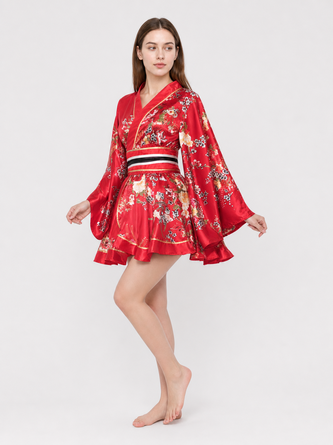Kimono with Belt and Short Skirt, Floral Print