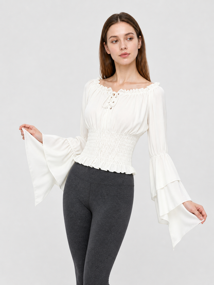 Off-the-Shoulder Lace-Up Crop Blouse