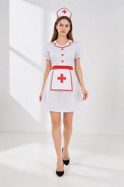 White Nurse Costume with Red Cross and Cap