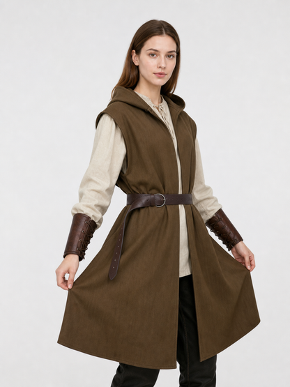 Brown sleeveless hooded vest with an open front and dark belt on a female model, shown holding the hem outward